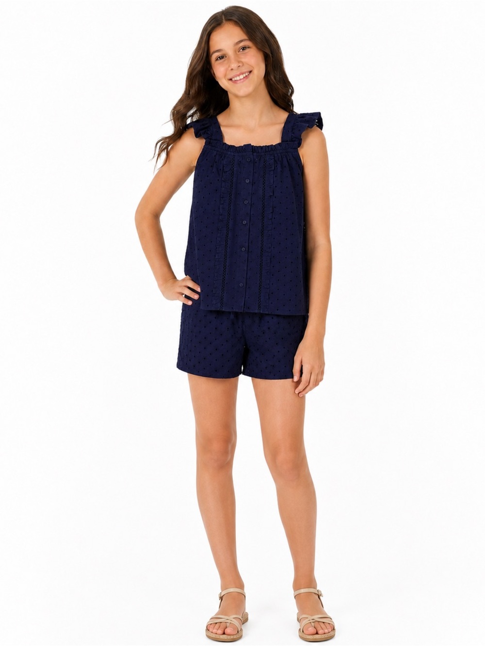 Aqua Girls Navy Eyelet Ruffle Top & Shorts Set L 10/12‎ NWT